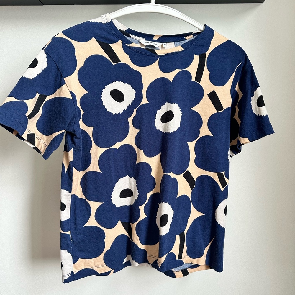 Marimekko Nea Pieni Unikko Navy and Cream Floral Top XS - Picture 2 of 7